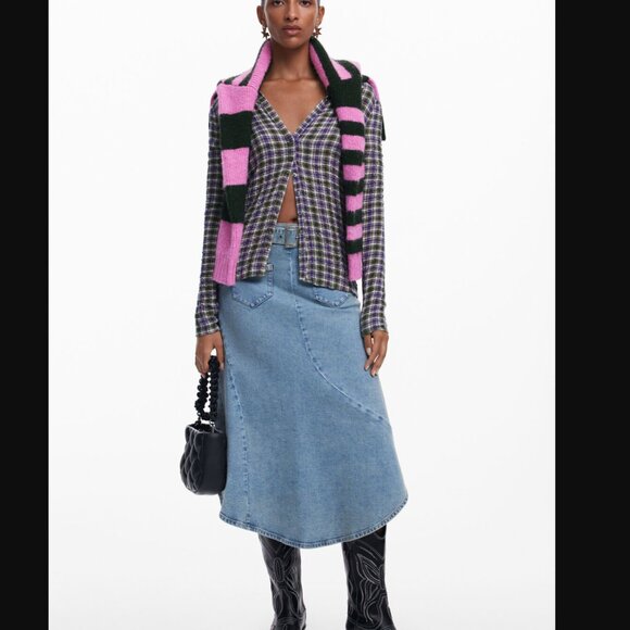 NWT DESIGUAL BLUE ASYMMETRIC DENIM WESTERN BOHO BELTED MIDI SKIRT US Small - Picture 2 of 12